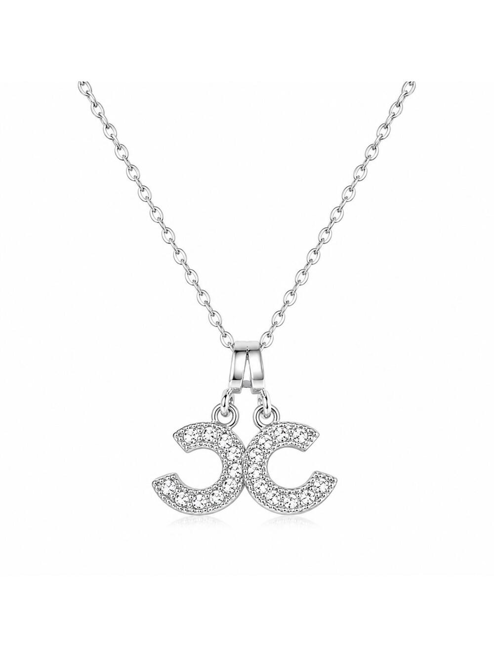 Silver Double CC Crystal Pendant Necklace 18” Chain